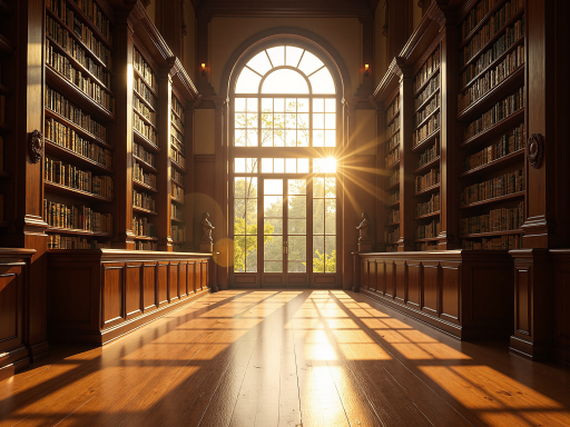 独立书店的书架角落，高至天花板的书架上摆满旧书，一束阳光从窗户斜射在翻开的书页上，营造知识的氛围