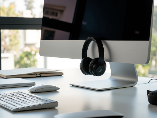 一张降噪耳机、便携显示器、折叠键盘的照片，背景整洁，设备摆放有序，体现现代科技感