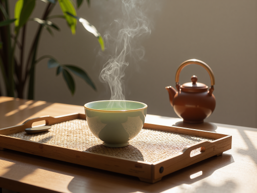 新中式茶室的局部特写，陶制茶壶放在竹制茶席上，背景是模糊的庭院绿植，营造宁静雅致的氛围