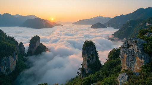 远景：天际线处，云海与淡青色的天空交融，云层呈层叠的波浪状向远方铺展，阳光从云层缝隙中穿透，形成数道柔和的金色光柱，洒在云海表面，泛起细碎的银辉。远处的山峦轮廓在云雾中若隐若现，像水墨画中晕染的墨痕，增添朦胧的意境感。中景：人物立于嶙峋的山岩之上，山岩表面布满浅灰色的苔藓与风化的纹路，边缘生长着几株低矮的高山杜鹃，粉白色的花瓣在风中微微颤动。人物穿着米白色的棉麻衬衫与卡其色工装裤，衣角被风掀起，露出内搭的浅灰色打底衫，头发是自然的深棕色，发丝被风扬起，几缕碎发贴在脸颊旁，姿态舒展而放松，双臂向两侧平伸，手掌微微向上，仿佛在拥抱天地。近景：山岩脚下，几丛细长的茅草随风摇曳，草尖挂着清晨的露珠，在阳光下折射出晶莹的光。地面上散落着几块光滑的鹅卵石，缝隙中钻出嫩绿色的青草，草叶上还沾着些许泥土，透着自然的野趣。光影与氛围：整体光线为清晨的柔光，色温偏暖，人物的轮廓被阳光勾勒出一层淡淡的金边，与云海的冷色调形成对比，既突出人物的主体地位，又营造出宁静而充满力量的氛围，仿佛时间在此刻静止，只剩风声、云动与内心的平静。
